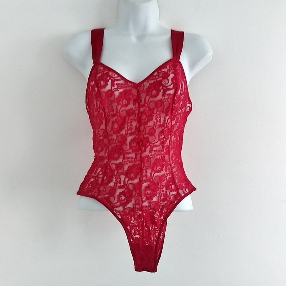 RARE Vintage 95' Victoria's Secret Red Lace High Cut Bodysuit